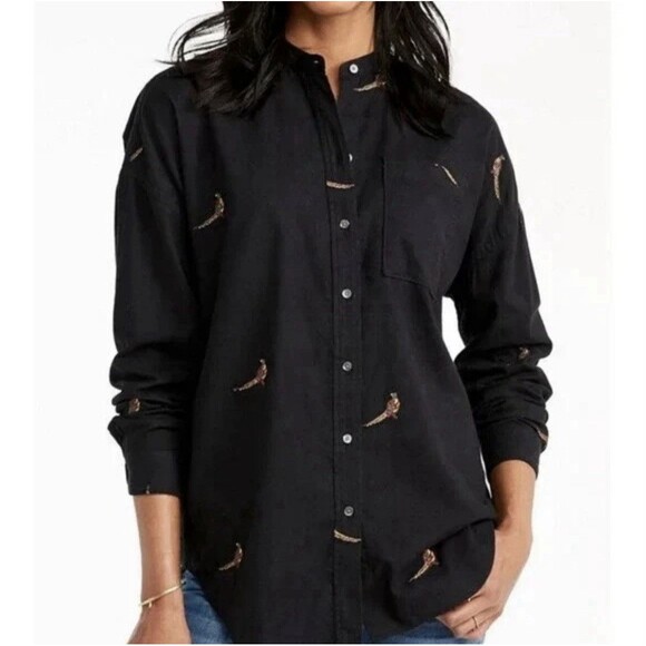 LL Bean Signature Oversized Button Down Shirt XS Blck Embroidered Pheasant Tunic - Picture 1 of 8